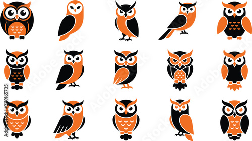 Collection of cute halloween owl vector flat illustration elements isolated on transparent background