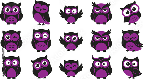 Set of cute halloween owl vector flat illustration characters isolated on transparent background