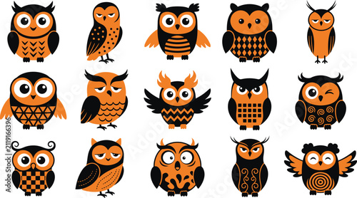 Set of cute halloween owl vector flat illustration elements isolated on transparent background