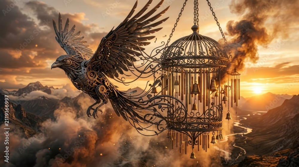 Obraz premium Steampunk mechanical bird emerging from metal cage at sunset