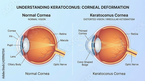 Comparative medical diagram showing a normal cornea with clear vision versus a keratoconus cornea with distorted vision and irregular astigmatism to illustrate corneal deformation and thinning.
