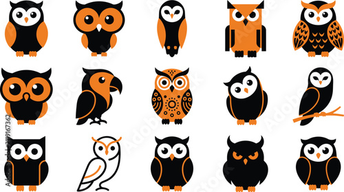 Collection of cute halloween owl vector flat illustration elements isolated on transparent background