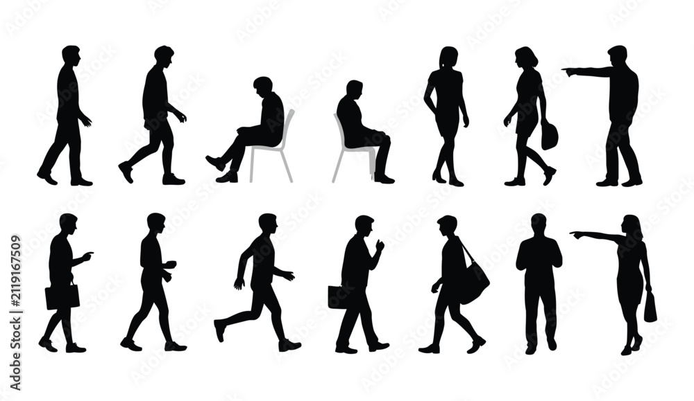 Obraz premium Men silhouettes human figure symbols featuring casual people standing, walking, running, sitting, using phone and pointing poses, vector illustration