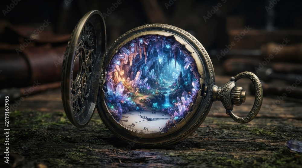 Fototapeta premium Open antique pocket watch with magical crystal cavern inside