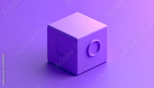 A simplified purple cube with inset circles on its faces sits on a surface