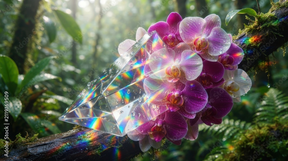 Obraz premium Crystal prism with orchid flowers in tropical forest