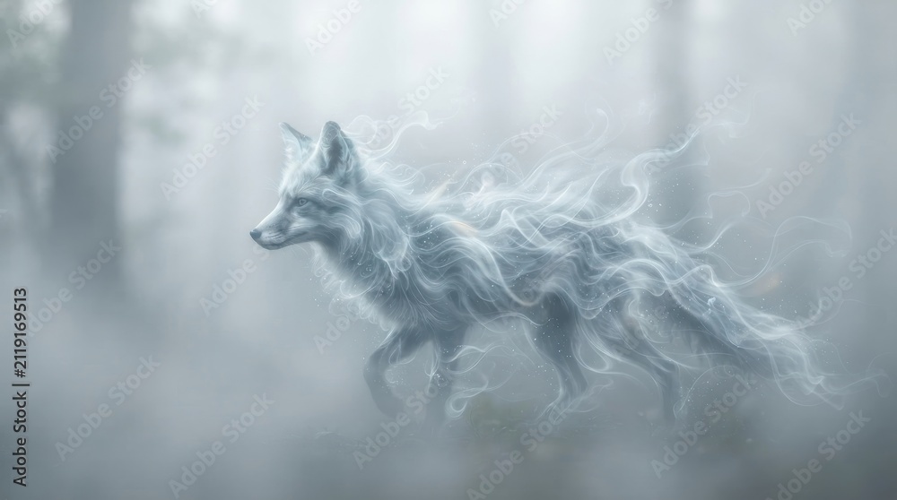 Fototapeta premium Ethereal ghostly fox moving through misty forest