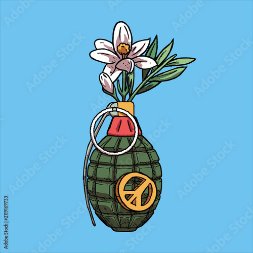 Foto Hand drawn green hand grenade with blooming flower and peace symbol