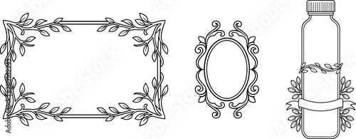 Set of decorative frames and blank bottle label design element for packaging decoration.