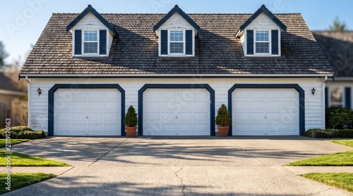A charming suburban house exterior featuring a spacious three-car garage, white siding, blue trim, dormer windows, and a paved concrete driveway in bright daylight.