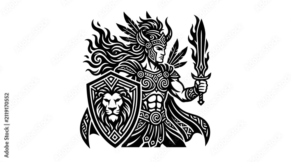 Obraz premium Valkyrie Warrior Woman with Lion Shield and Sword, Mythological Fantasy Art
