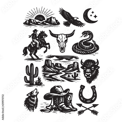 Western Boho Linocut Vector Set with Texas Desert, Canyon Wildlife, Cactus, Bull, Horse, Snake & Skull Silhouettes