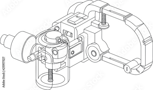 Industrial mechanism lineart vector illustration, mechanical part isometric 3D CAD schematic blueprint engineering design