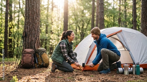 Two hikers kneel by a dome tent in a sunlit pine forest, adjusting the entrance flap. Backpacks and trekking poles rest nearby; kettle and bottles sit on the ground