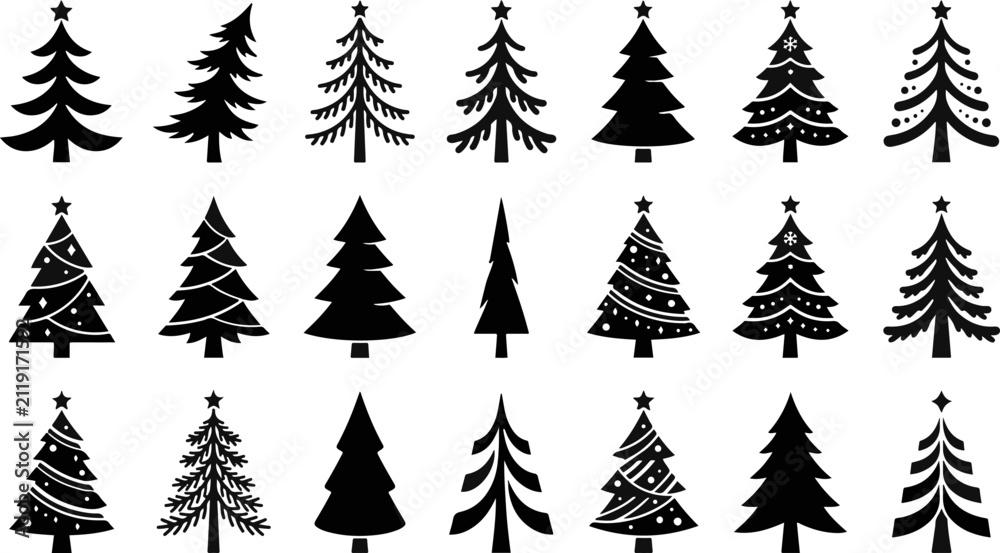 Obraz premium Set of black silhouette christmas tree icons in various artistic shapes and styles for holiday decoration design with christmas silhouette decoration collection template