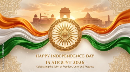 Indian Independence Day banner, Red Fort landmark, Taj Mahal, with tricolor flag, 15th August national holiday banner with Ashoka Chakra
