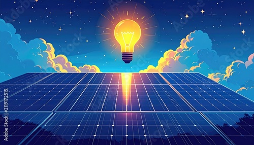 Solar panels under starry night sky with glowing lightbulb, inspiring energy