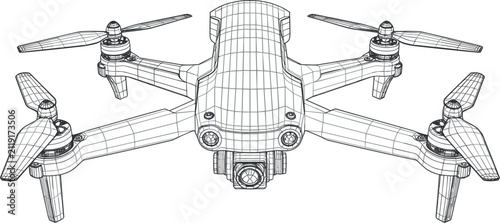 Drone quadcopter wireframe vector illustration, flying UAV camera 3D CAD schematic blueprint engineering design