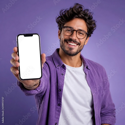 Smiling man holding smartphone with white screen mockup. Happy male showing mobile phone display. Guy with glasses and purple shirt.
