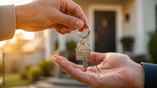 Two hands exchange a small house-shaped keyring in front of a sunlit front door with a dark door and porch, symbolizing the moment a new homeowner receives their keys