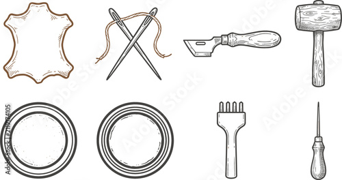 Obraz na płótnie Leathercraft Tool and Raw Hide Material Element Set with Crossed Needles, Mallet
