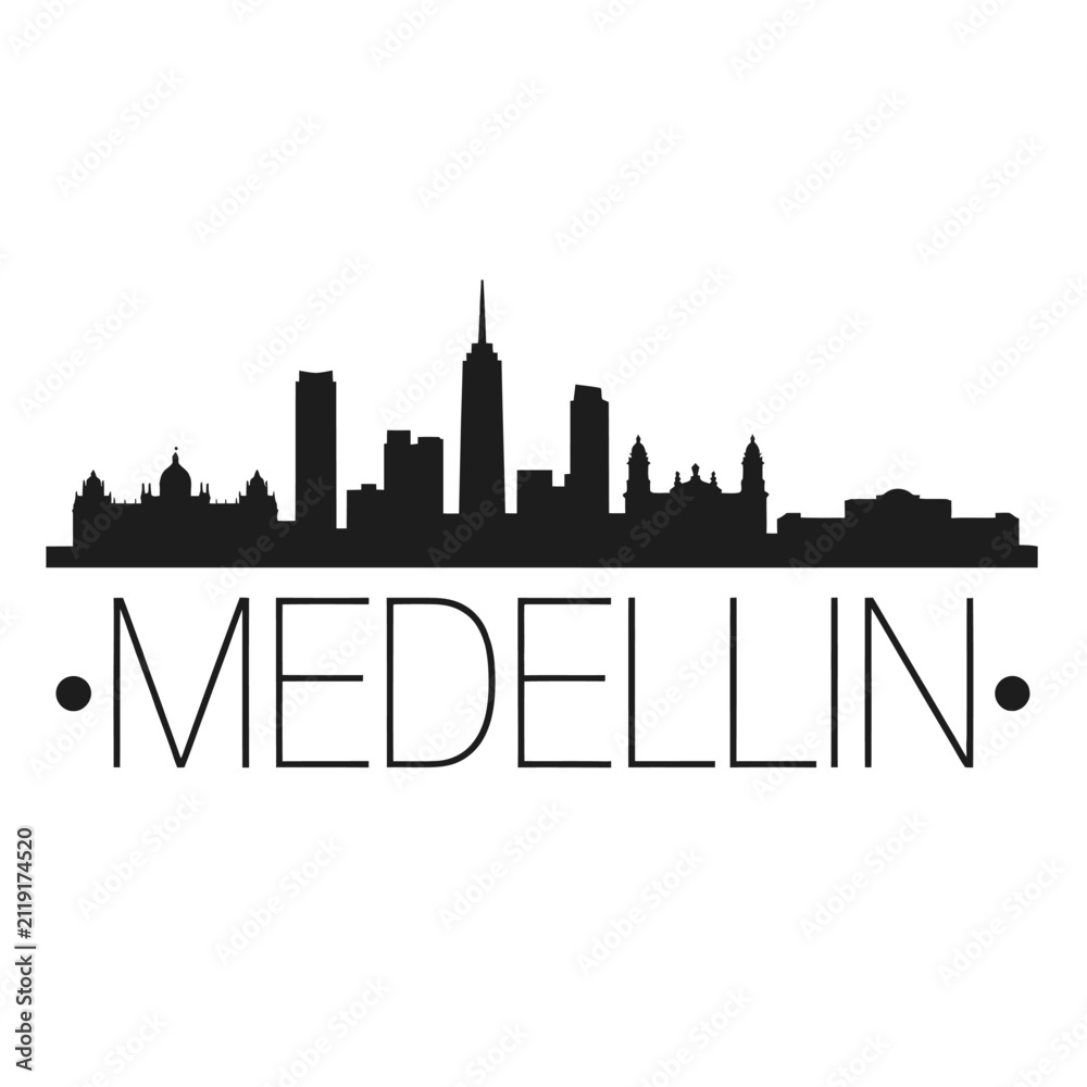 Obraz premium Cityscape Silhouette With Medellin Text On White Background