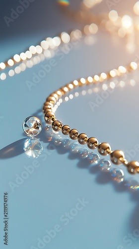 Luxury jewelry display golden and crystal bead bracelet with bokeh background for commercial use