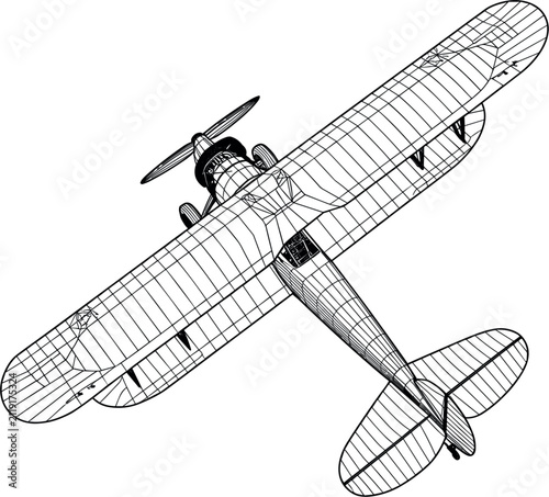 Biplane airplane wireframe vector illustration, vintage propeller aircraft 3D CAD schematic blueprint engineering design