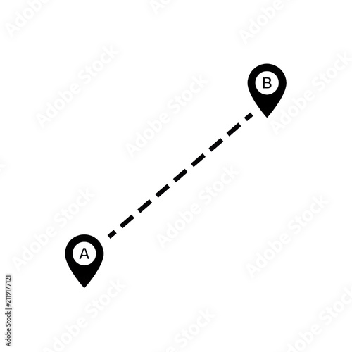 Two location map pins with letter a and b connected by a dashed line