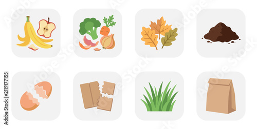 Various organic waste materials and compostable items are neatly arranged in a grid, illustrating sustainable practices for gardening and environmental responsibility.