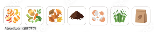 Organic waste materials for composting process, featuring fruit peels, vegetable scraps, autumn leaves, eggshells, and grass clippings.