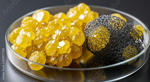 Yellow crystals and dark metal mesh sit within a circular laboratory dish granular faceted