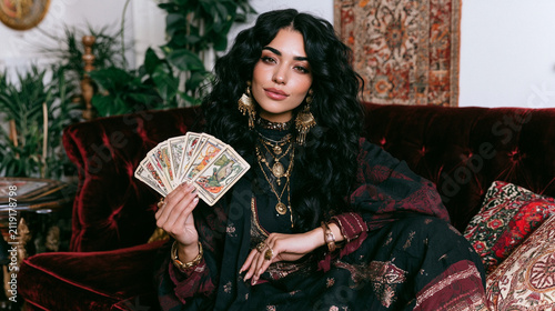 Woman holding tarot cards indicating divination and fortune telling