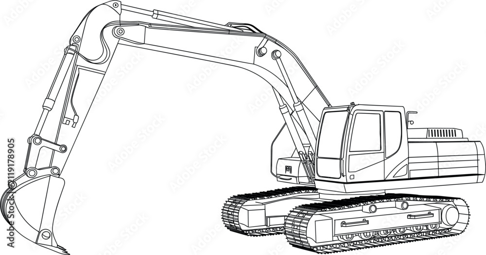 Fototapeta premium Excavator wireframe vector illustration, heavy construction machinery 3D CAD schematic blueprint engineering technical design