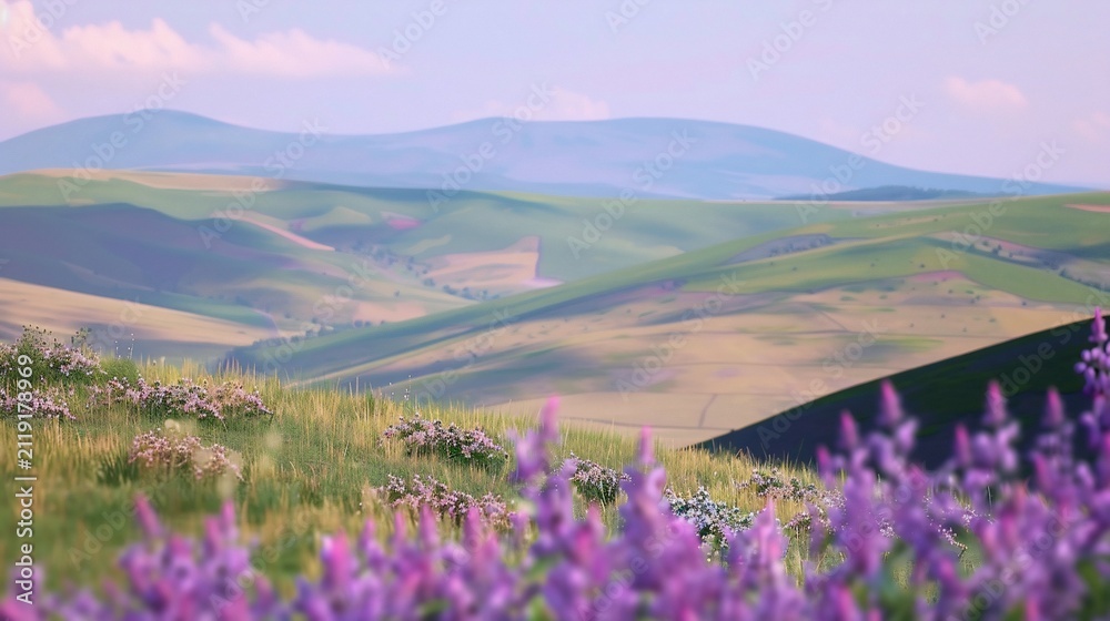 Obraz premium Rolling green hills and fields of purple flowers under a soft pink and blue sky, distant mountains