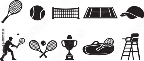 Tennis sports equipment and players icons set vector flat style.