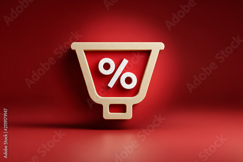 Discount shopping cart icon with percentage symbol, 3D render on vibrant red background, ideal for promotions and marketing materials