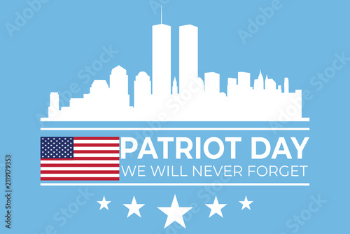 Patriot day 911 memorial illustration featuring the twin towers skyline silhouette and american flag