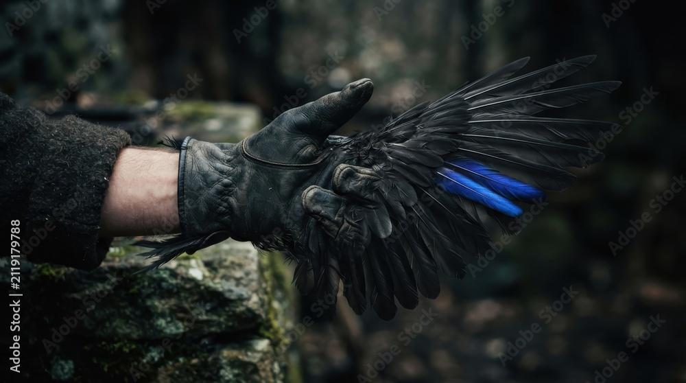 Obraz premium Person wearing leather glove with black crow wing