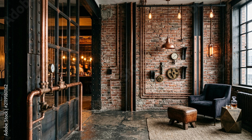 Industrial Loft Interior Design, Copper Pipes, Brick Wall, Vintage Decor, Cozy Armchair