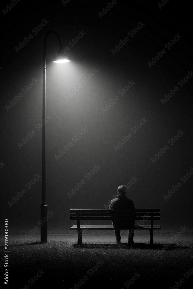 Fototapeta premium Man sits alone on park bench under street lamp at night. Misty fog surrounds him, casting long shadows. Gloomy atmosphere conveys loneliness and contemplation. Scene has minimal light.