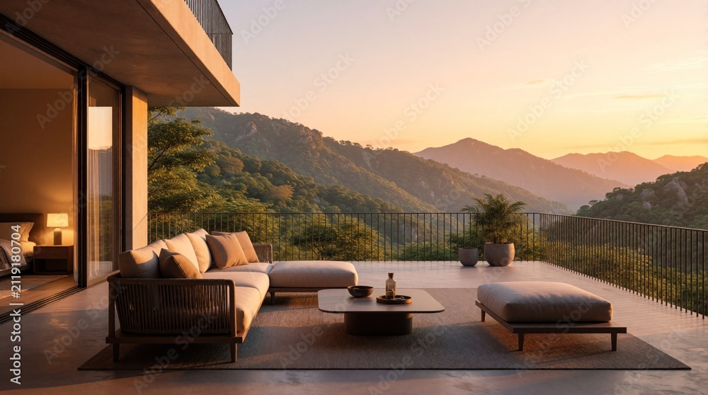 Obraz premium Luxury terrace with modern furniture overlooks mountain landscape at sunset. Open balcony apartment offers scenic panorama of forest hills during golden hour. Comfortable outdoor sofa, coffee table