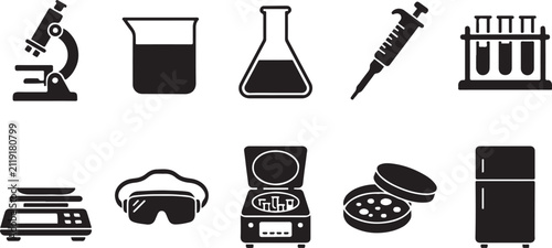Black and white vector icon set featuring laboratory equipment, scientific research tools, and medical testing instruments