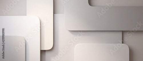 Abstract layered geometric shapes in neutral tones with overlapping rectangular shapes rounded edges various shades white beige minimalist composition soft lighting