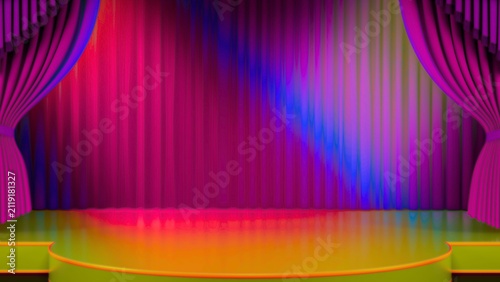 Stage background with colorful curtains and glowing yellow podium platform
