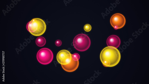 Photography Glowing colorful spheres on black background, abstract 3D floating bubbles, vibr