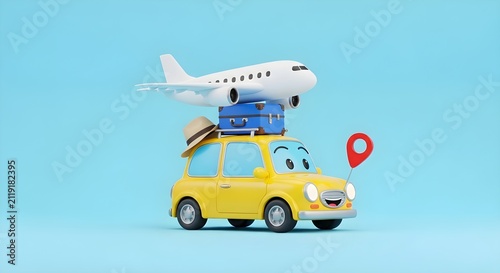 Cute yellow cartoon car carrying a small airplane and luggage with a location pin marker on top ready for a fun summer vacation trip on a soft light blue background