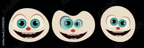 A set of three stylized round alien monster characters featuring expressive wide blue eyes and friendly smiles. These vector-style illustrations are set against a solid black background ideal.