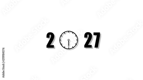 2027 new year countdown concept with animated clock face on white background, time