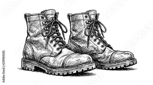 Obraz na plátně Hand-drawn sketch of sturdy leather work boots
